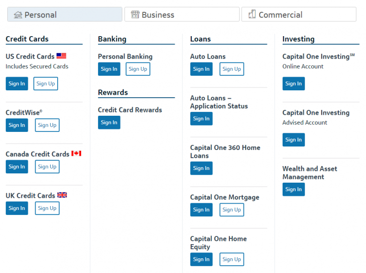 screenshot of Capital One sign-in page 