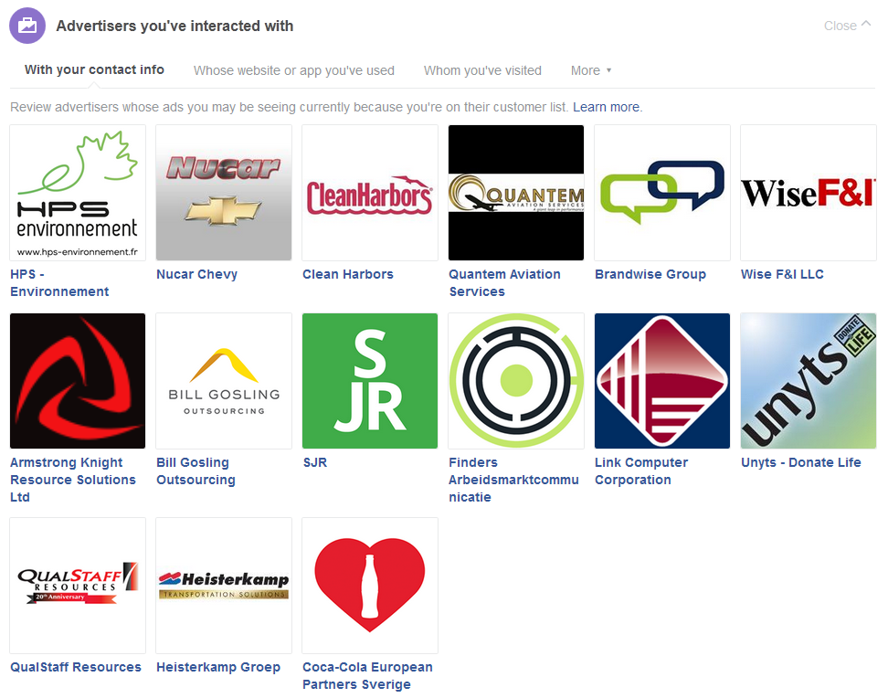 screenshot of Facebook’s 'advertisers with your contact info'