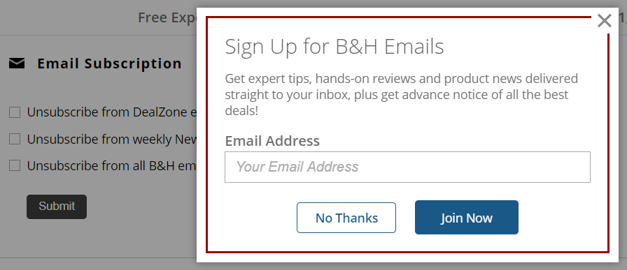 screenshot of email subscription popover on bhphotovideo.com