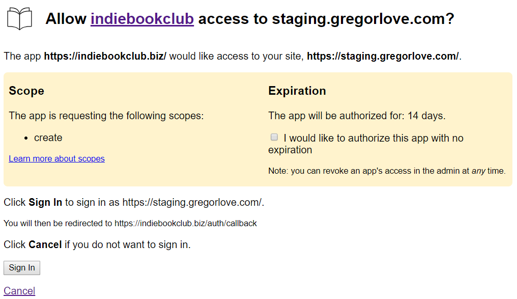 screenshot of authorization form