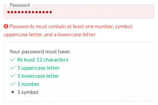 screenshot of password policy on gofundme.com