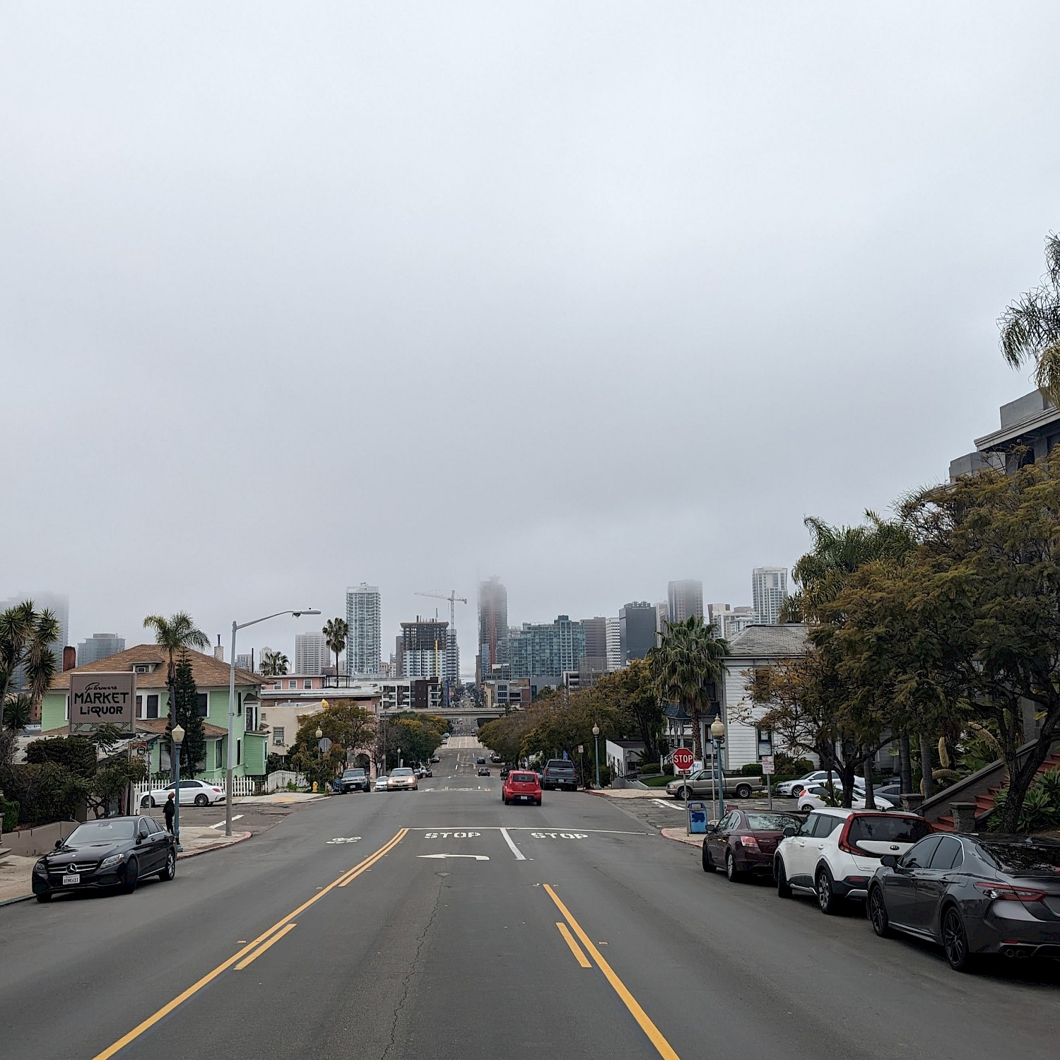Downtown San Diego with fog obscuring the tops of some buildings