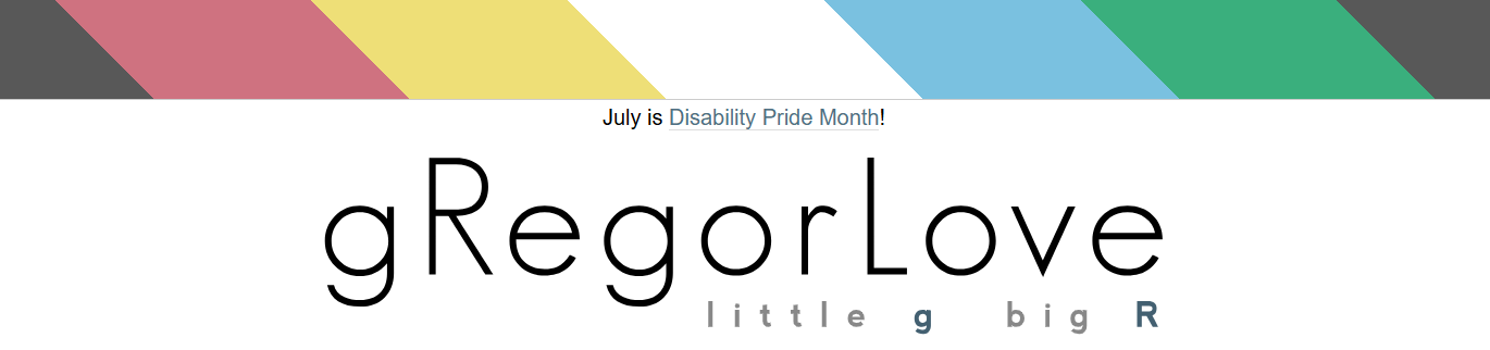 screenshot of the banner currently at the top of my site: a charcoal grey background with diagonal bands of color as described above, in order: red, gold, white, blue, green