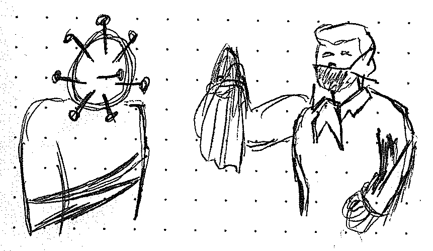 rough sketch on dotted paper of the Scooby Doo scene where Fred unmasks the bad guy, except instead of a face the bad guy looks like the SARS-Cov-2 virus and Fred is wearing a mask