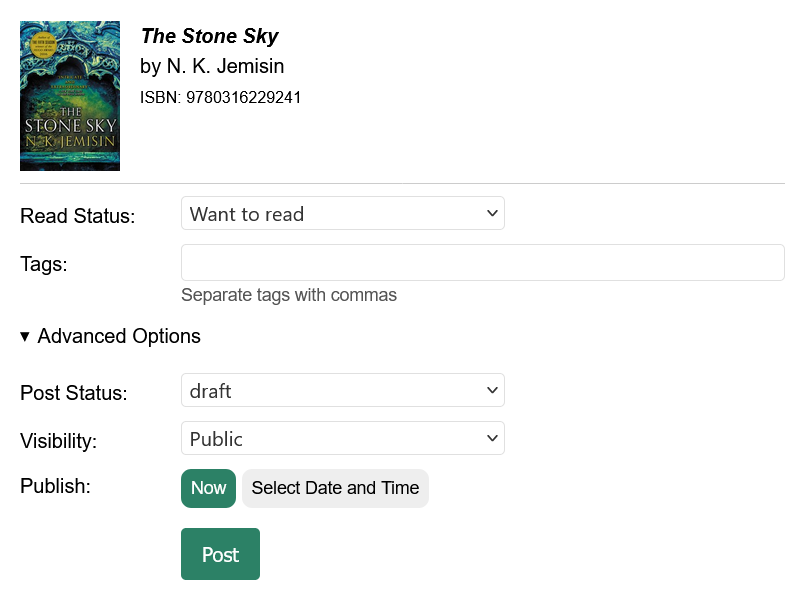 screenshot of the same posting UI with the Advanced Options expanded. Additional fields shown: post status, visibility, and publish. Publish option has two pill-shaped buttons 'Now' and 'Select Date and Time'. 'Now' is selected by default and highlighted green.